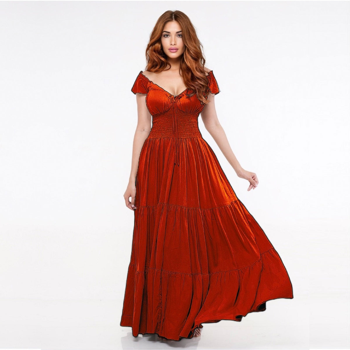 Haylee Smocked Tiers Crinkle Rayon Viking Party Maxi Dress