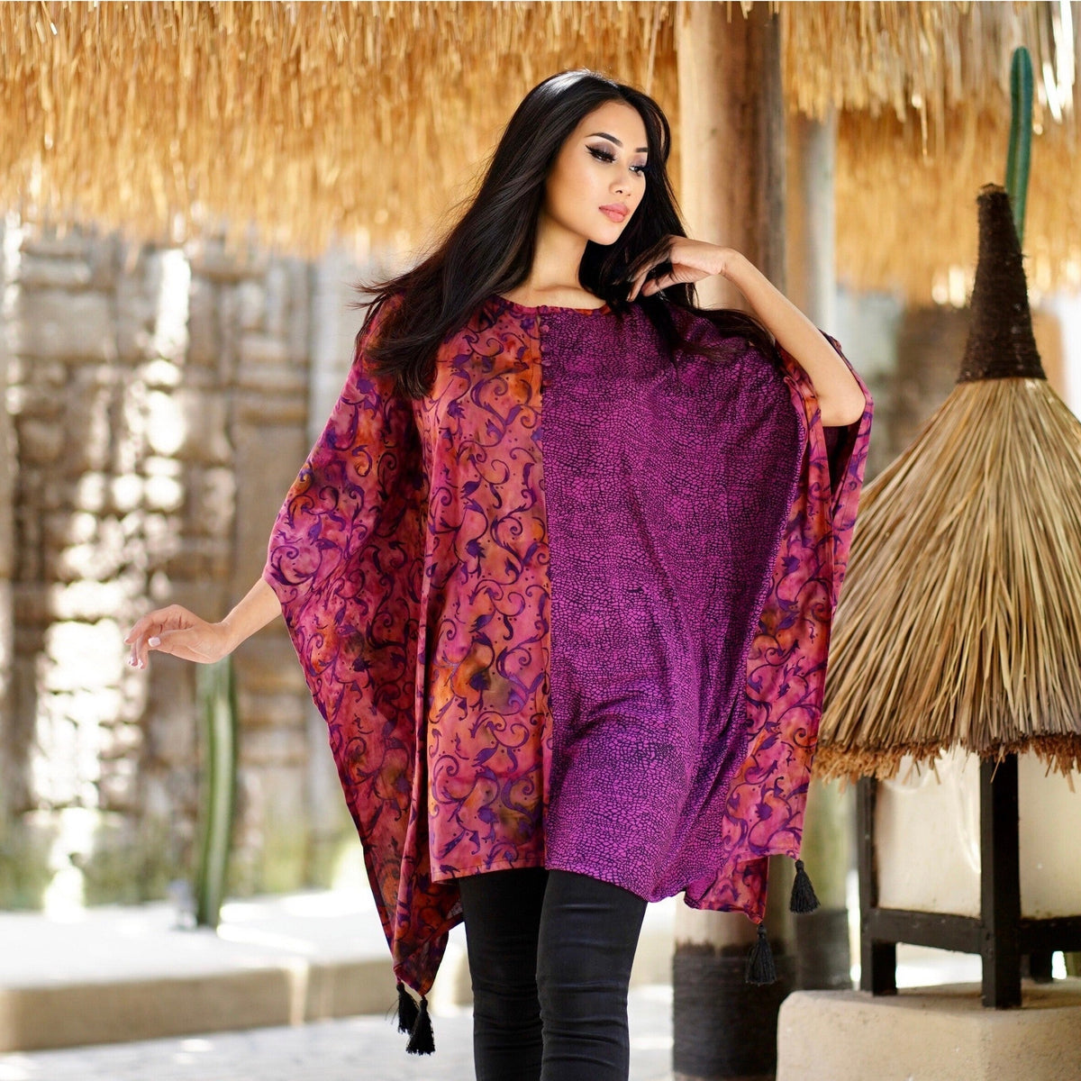 Ayleen Batik Combo Tassels Bohemian Poncho Top
