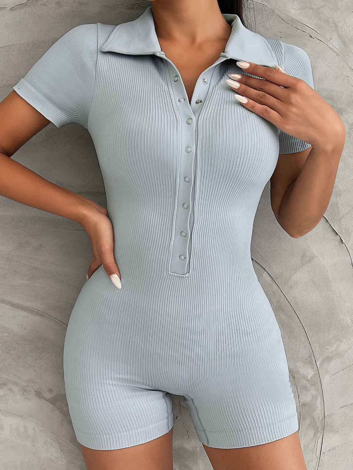 Lapel Button Ribbed Romper