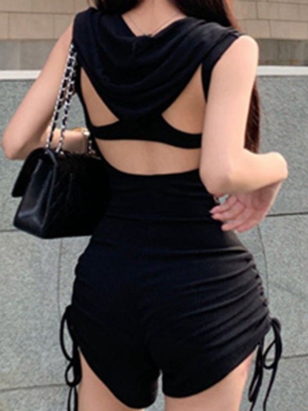 Hollow Out Drawstring Hooded Romper