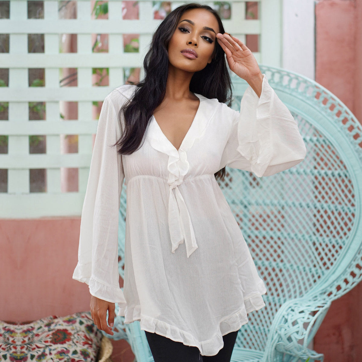 Aubrey Bohemian A Line Ruffle Long Bell Sleeve Blouse