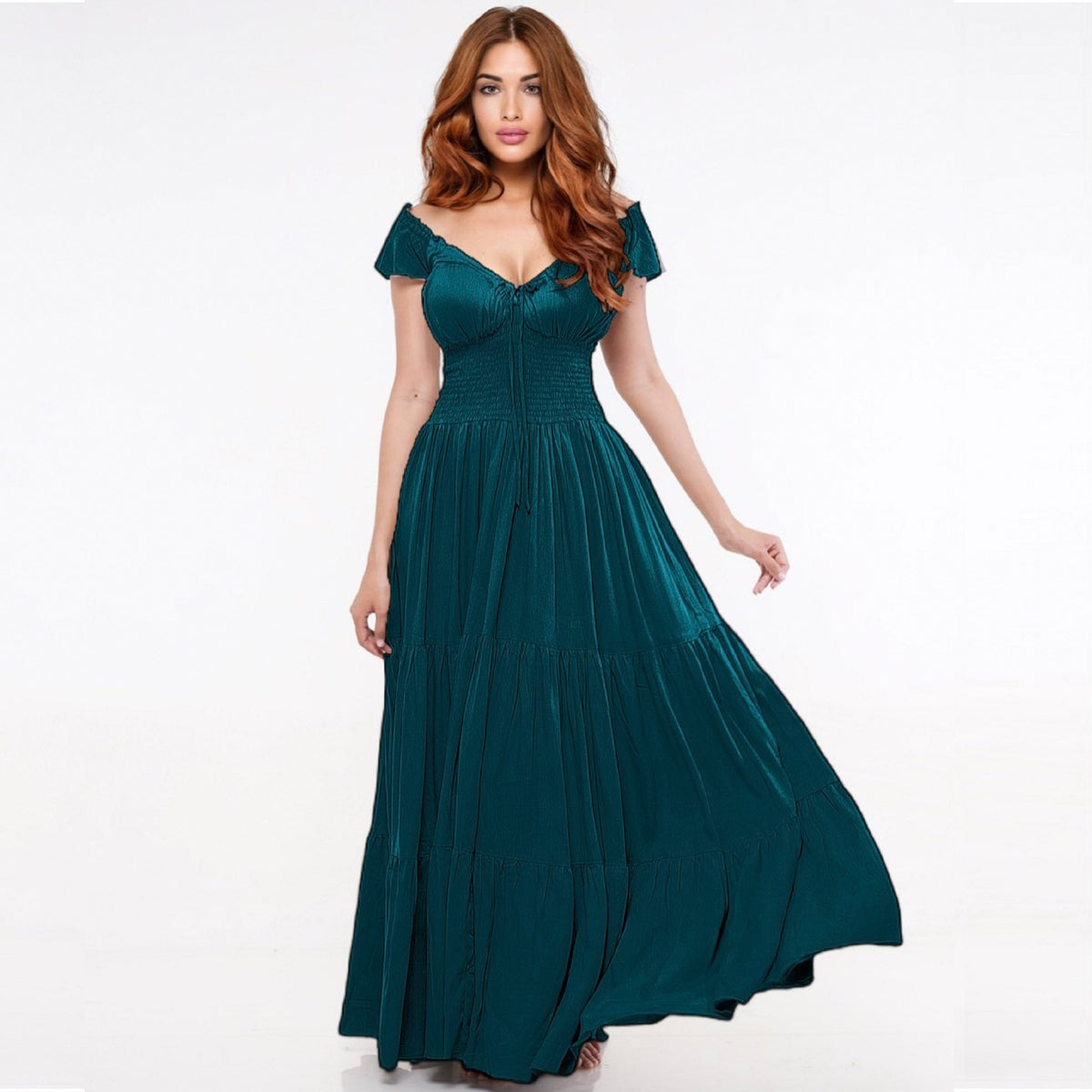 Haylee Smocked Tiers Crinkle Rayon Viking Party Maxi Dress