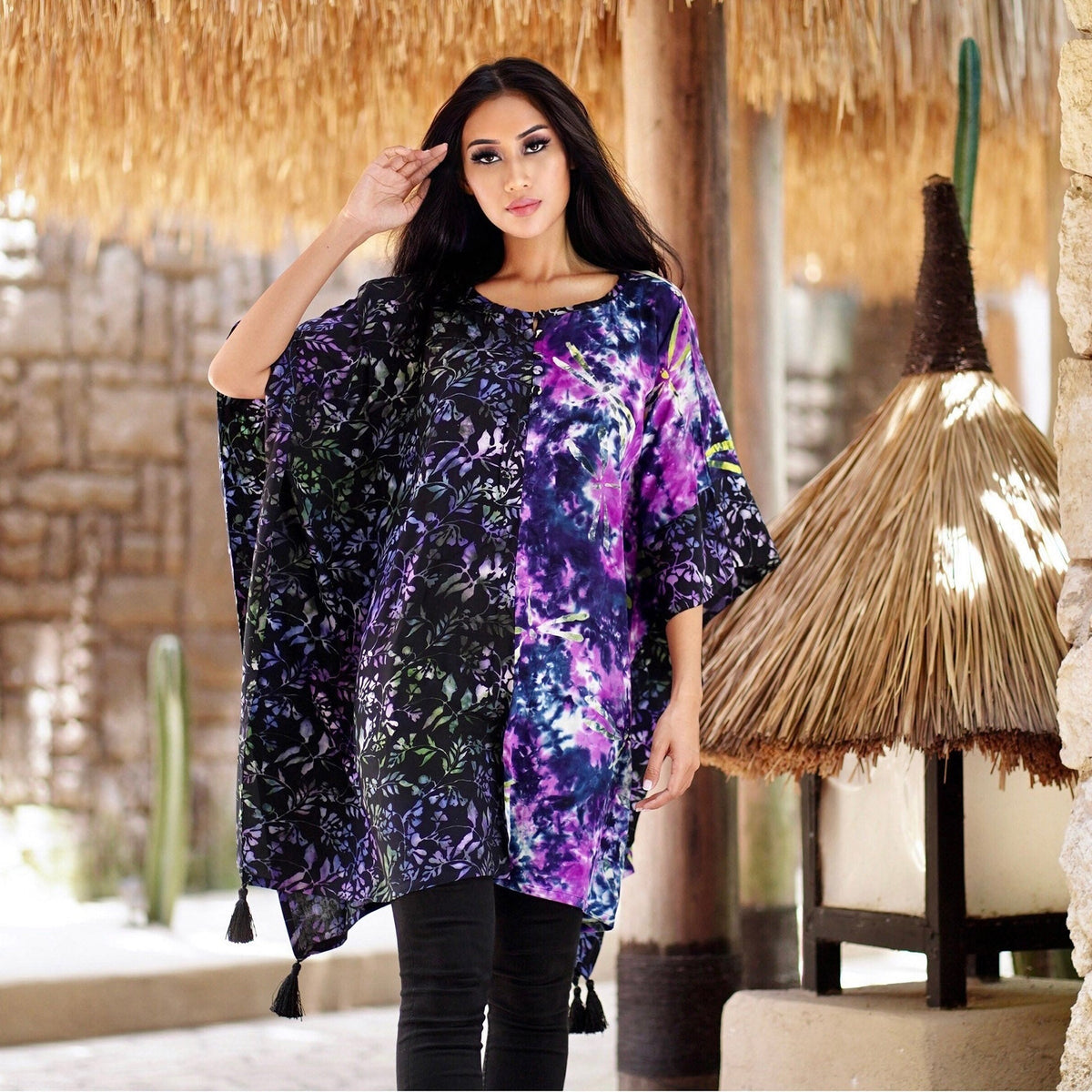 Ayleen Batik Combo Tassels Bohemian Poncho Top