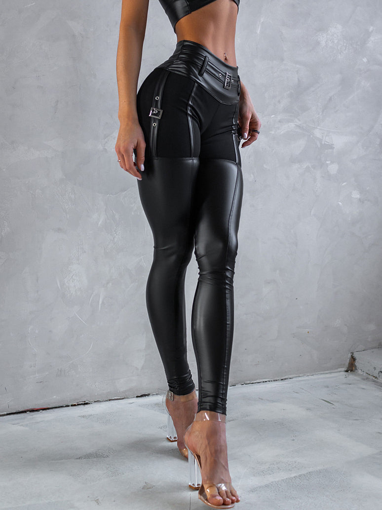 PU Glossy Cross Twist Metal Buttons Hip-lift Leggings