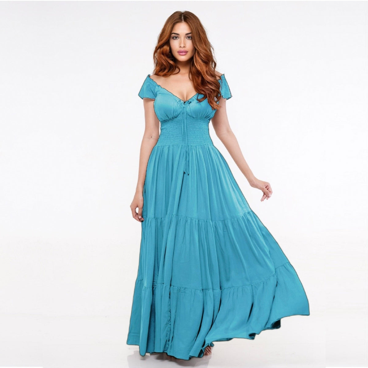 Haylee Smocked Tiers Crinkle Rayon Viking Party Maxi Dress