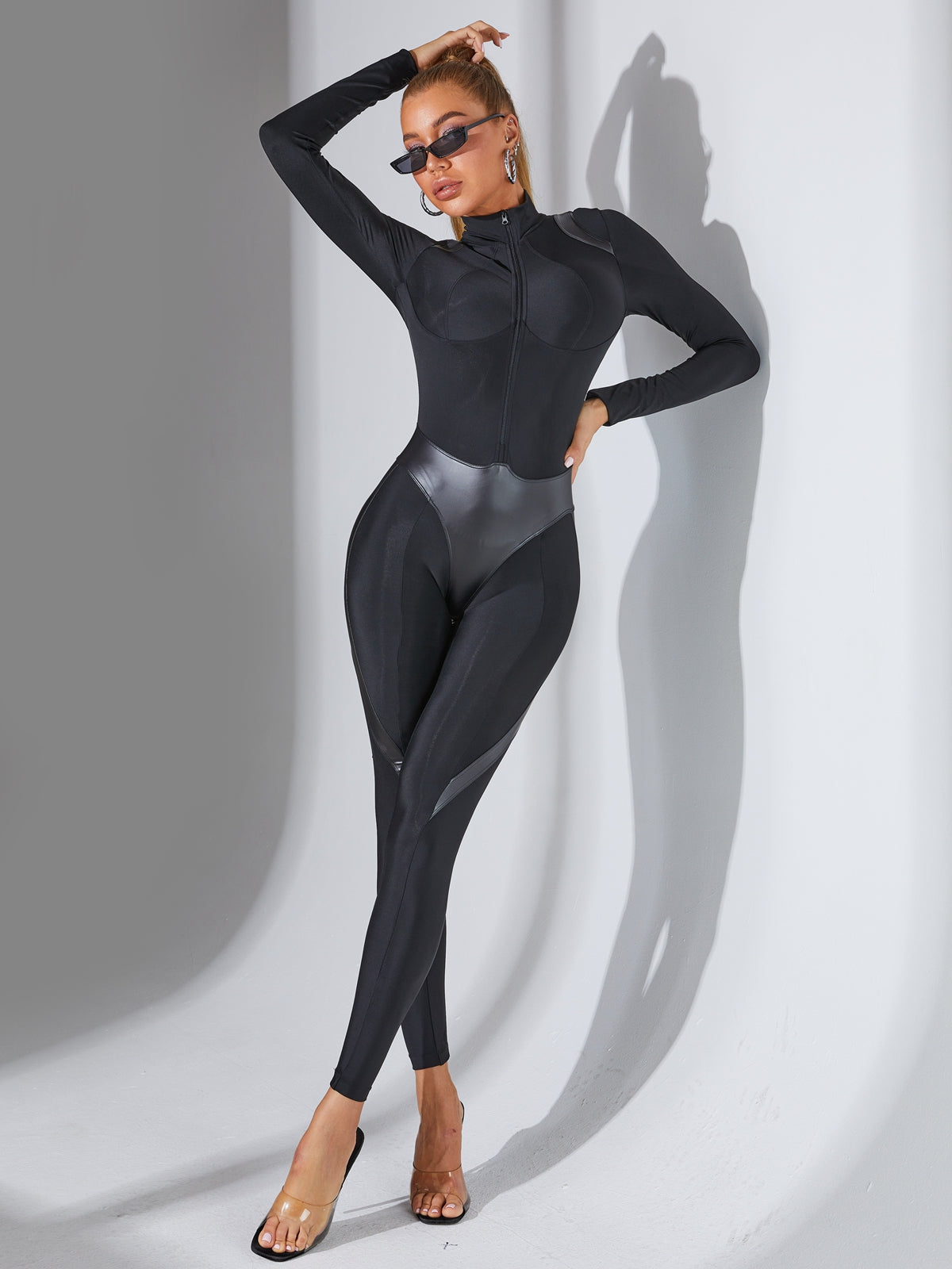 Faux Leather Zipper Stand Collar Jumpsuit