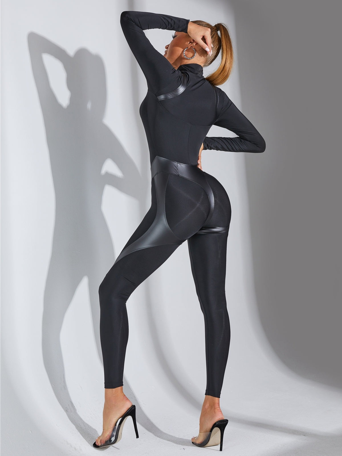 Faux Leather Zipper Stand Collar Jumpsuit