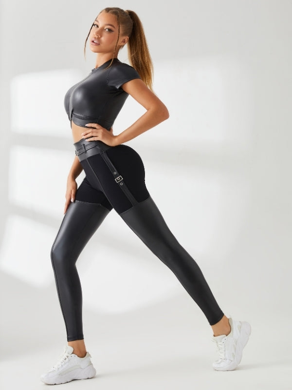 PU Glossy Metal Buttons Hip-lift Leggings