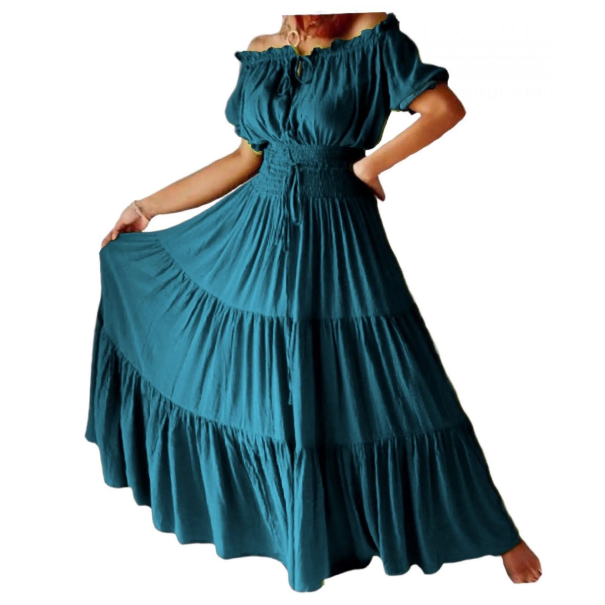 Priscilla Rayon Crinkle Short Sleeve Maxi Long Dress