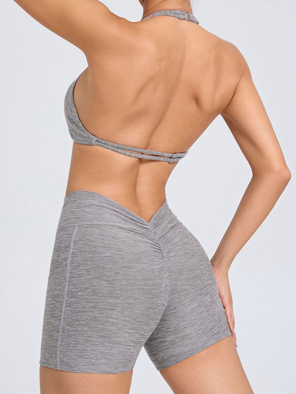 Deep V Back Pocket Scrunch Bum Halter Backless Short Tracksuit