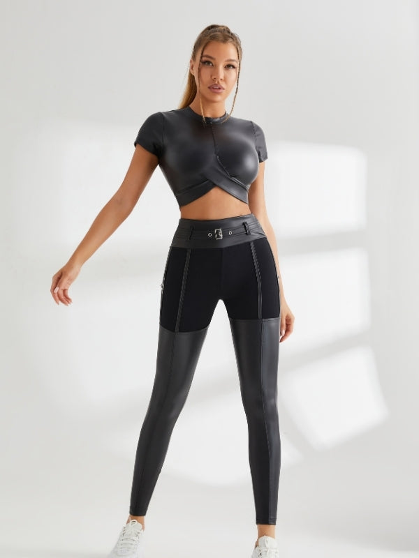 PU Glossy Metal Buttons Hip-lift Leggings