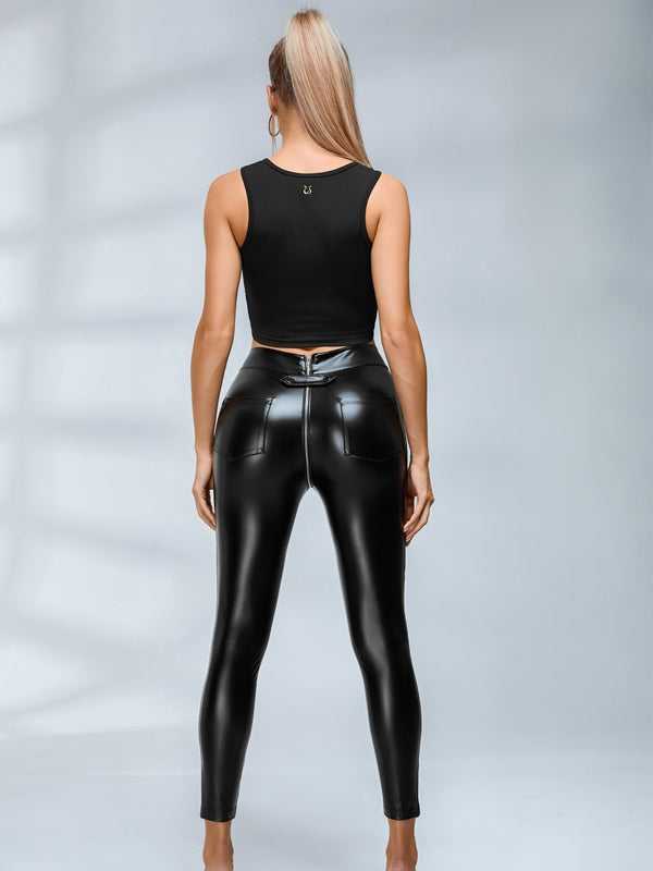Faux Leather Zipper Buttons Pocket Leggings