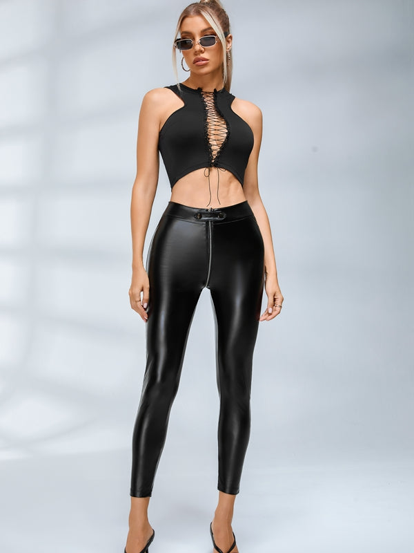 Faux Leather Zipper Buttons Pocket Leggings