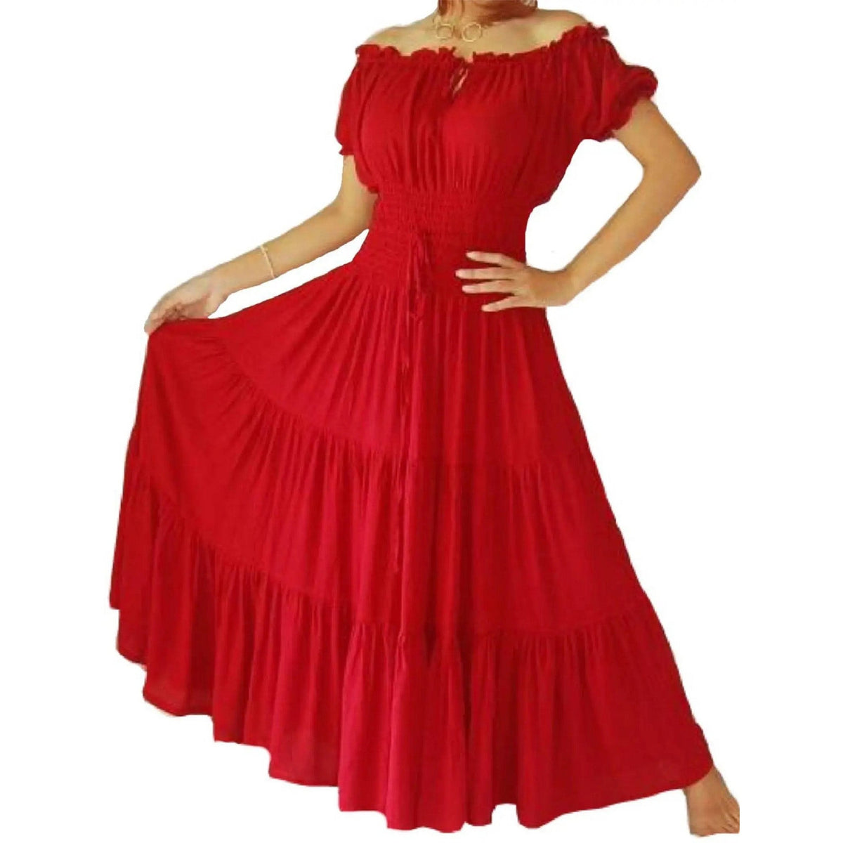 Priscilla Rayon Crinkle Short Sleeve Maxi Long Dress