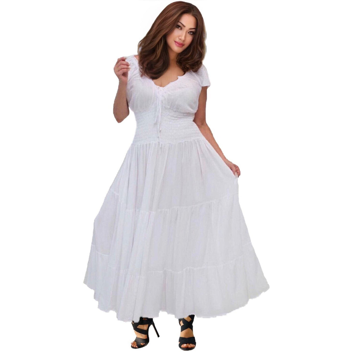 Liliana Rayon Crinkle Smocked Tiers Bohemian Maxi Dress