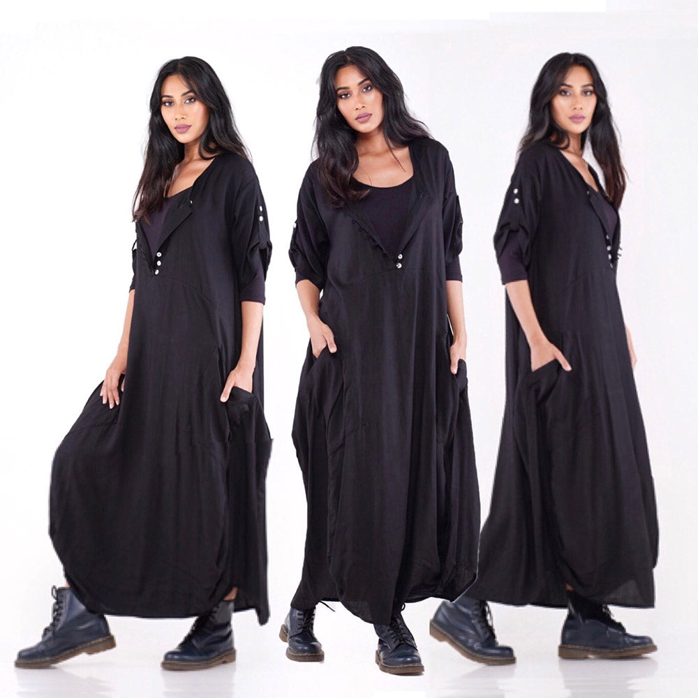 Mia Vintage Maxi Jumper Dress Asymmetrical Hem Button Down