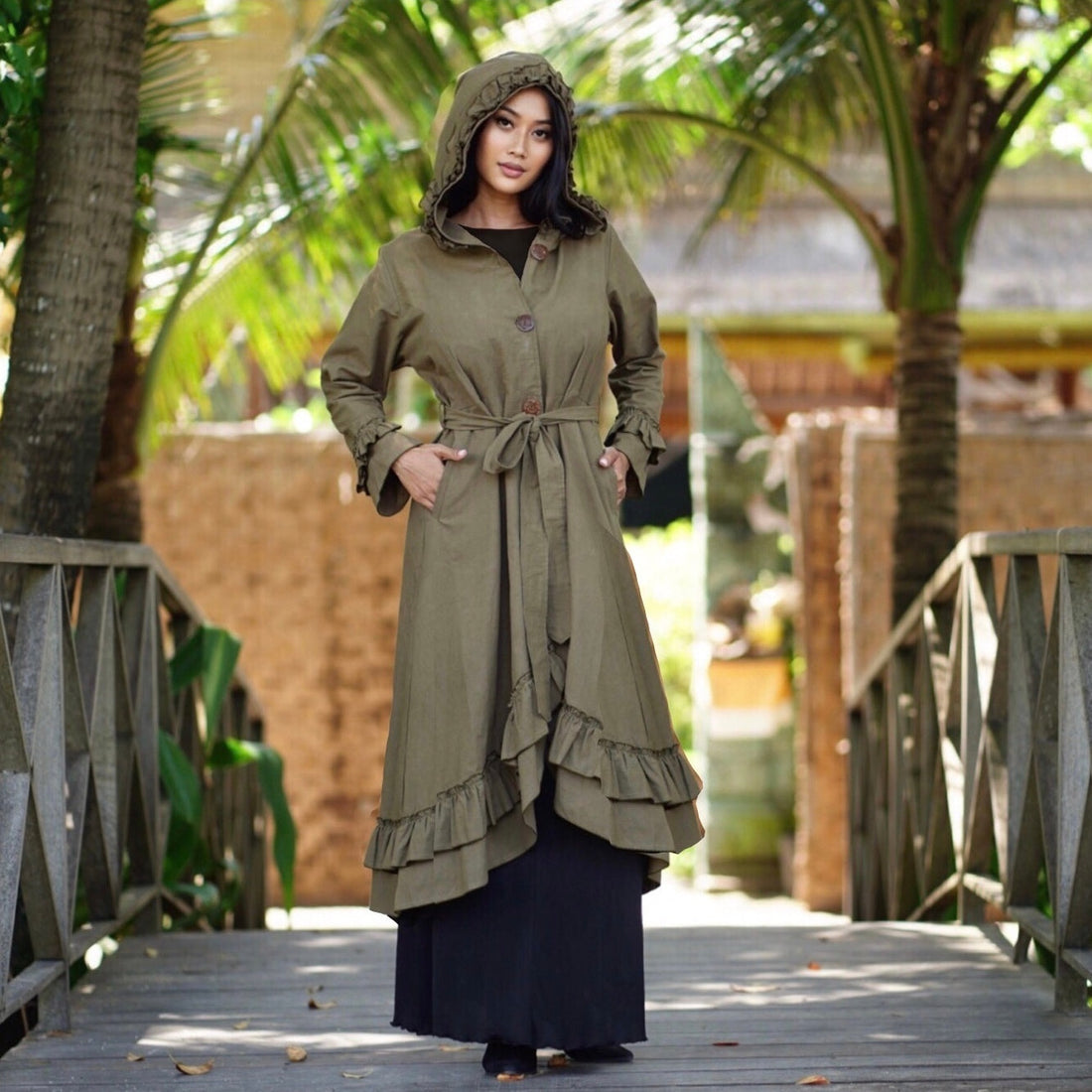 Petra Cottagecore Look Jacket Duster Hooded Ruffle Sleeve Pockets