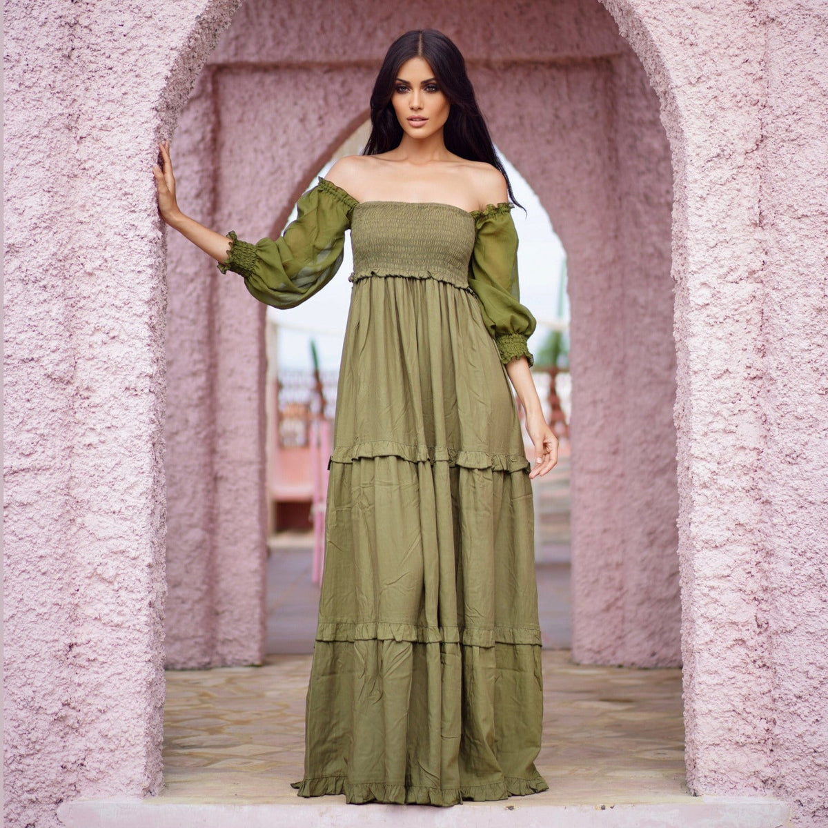 Selena Elasticized Empire Waist Tiered Boho Maxi Dress