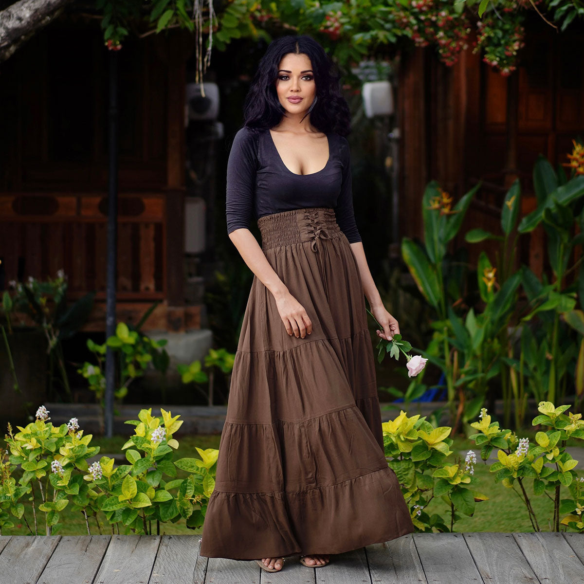 Kamilah Elasticized Lace Up Waistband Renaissance Maxi Skirt