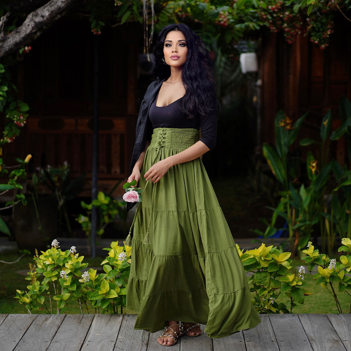 Kamilah Elasticized Lace Up Waistband Renaissance Maxi Skirt