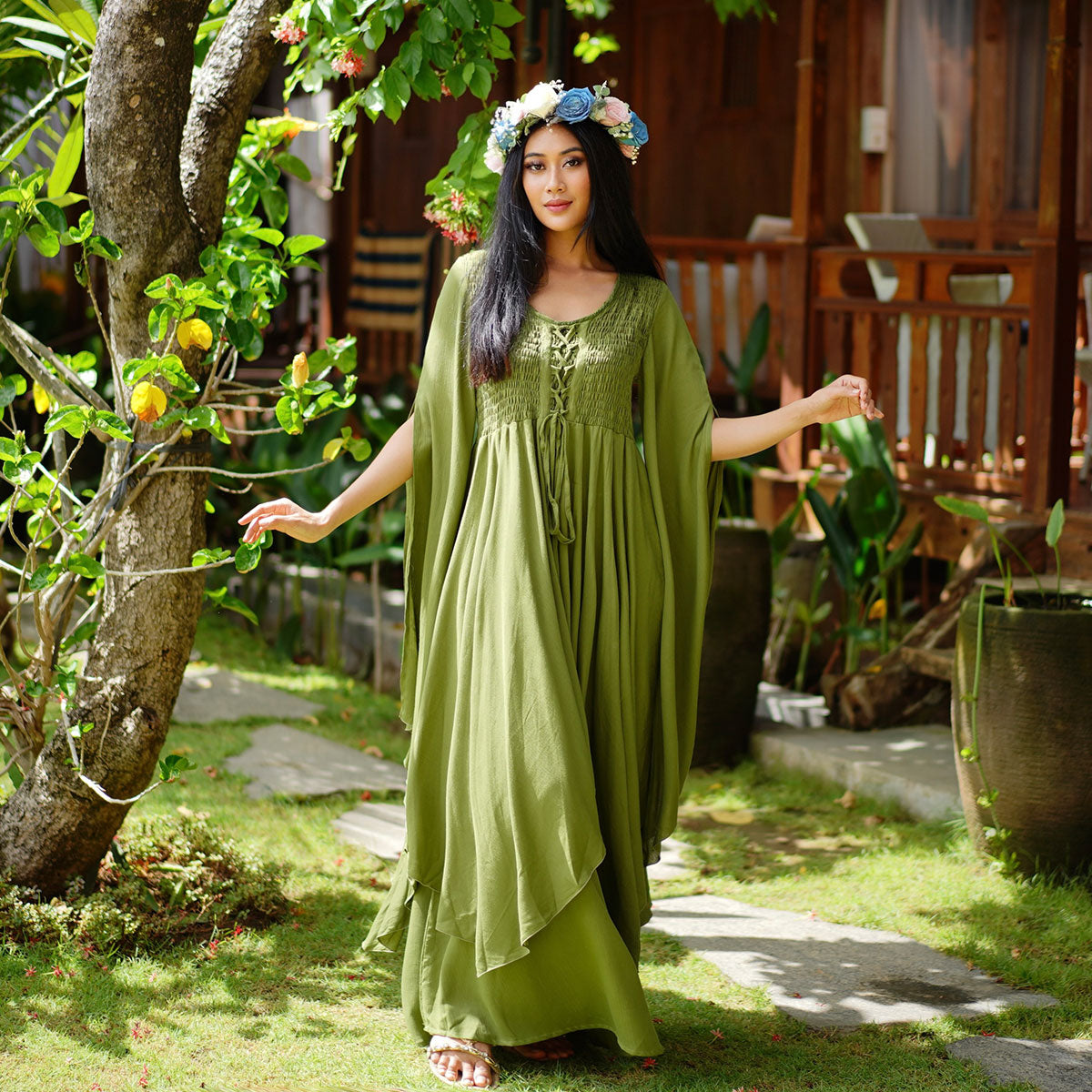 Keyla Renaissance Lace Up Smocked Goddess Maxi Dress
