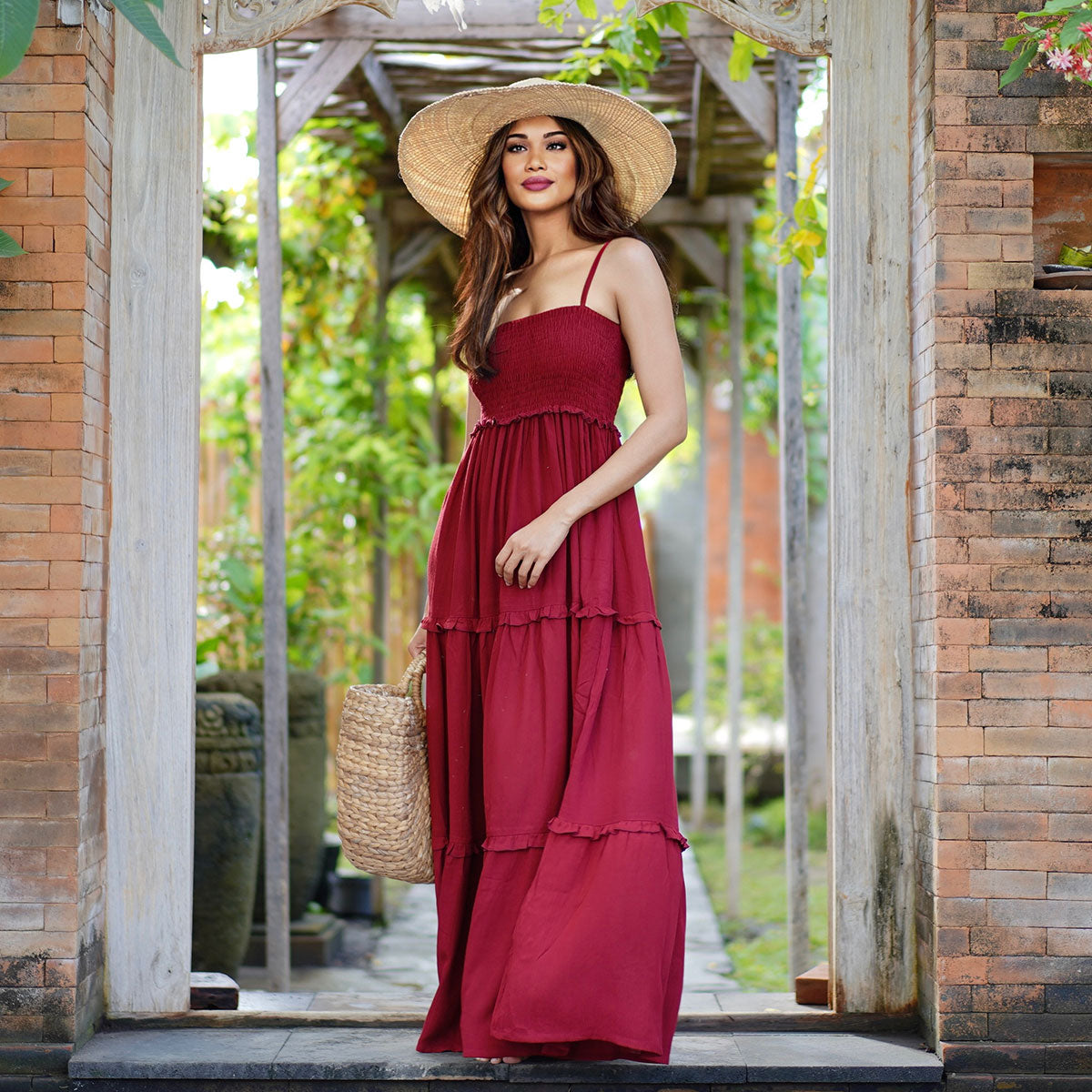 Azaria Elasticized Smocked Bodice Boho Maxi Dress