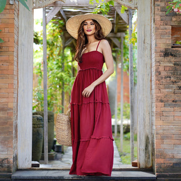 Azaria Elasticized Smocked Bodice Boho Maxi Dress