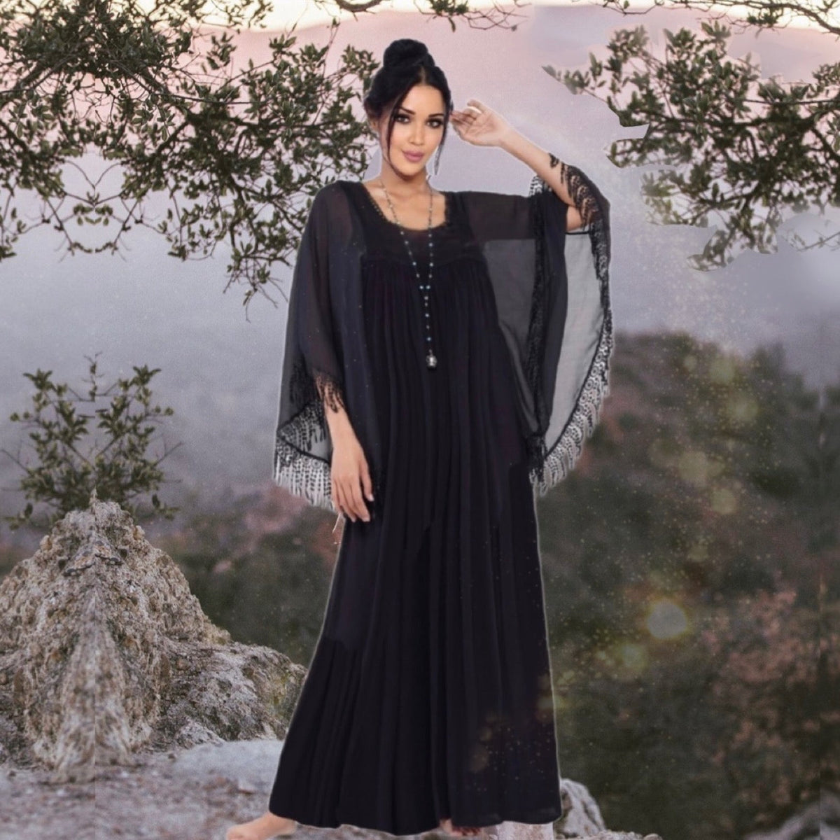 Mazikeen Fringe Butterfly Caftan Black Maxi Dress