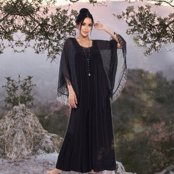 Mazikeen Fringe Butterfly Caftan Black Maxi Dress