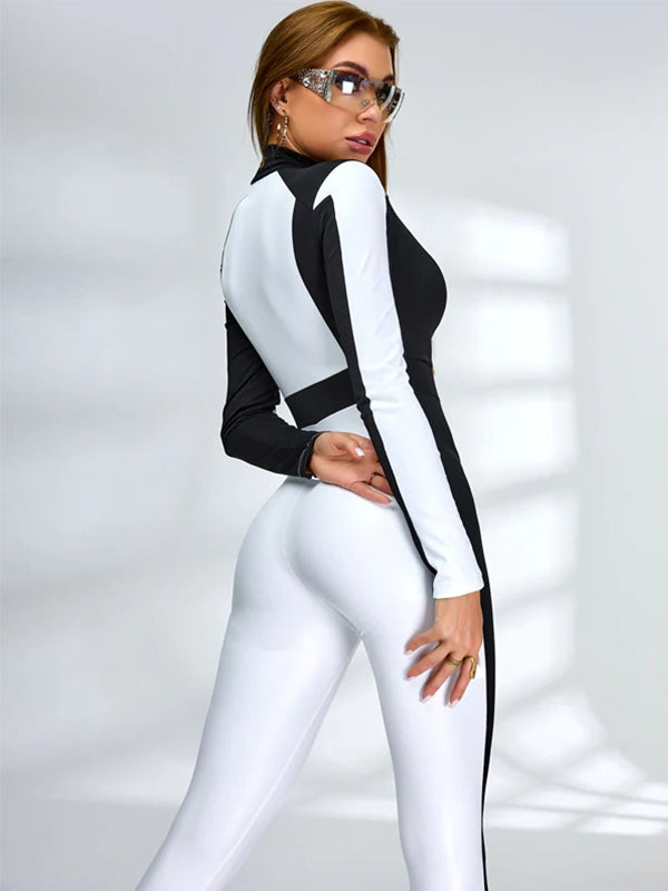 "SciFi Heroine" Contrast Color PU Half Zipper Jumpsuit