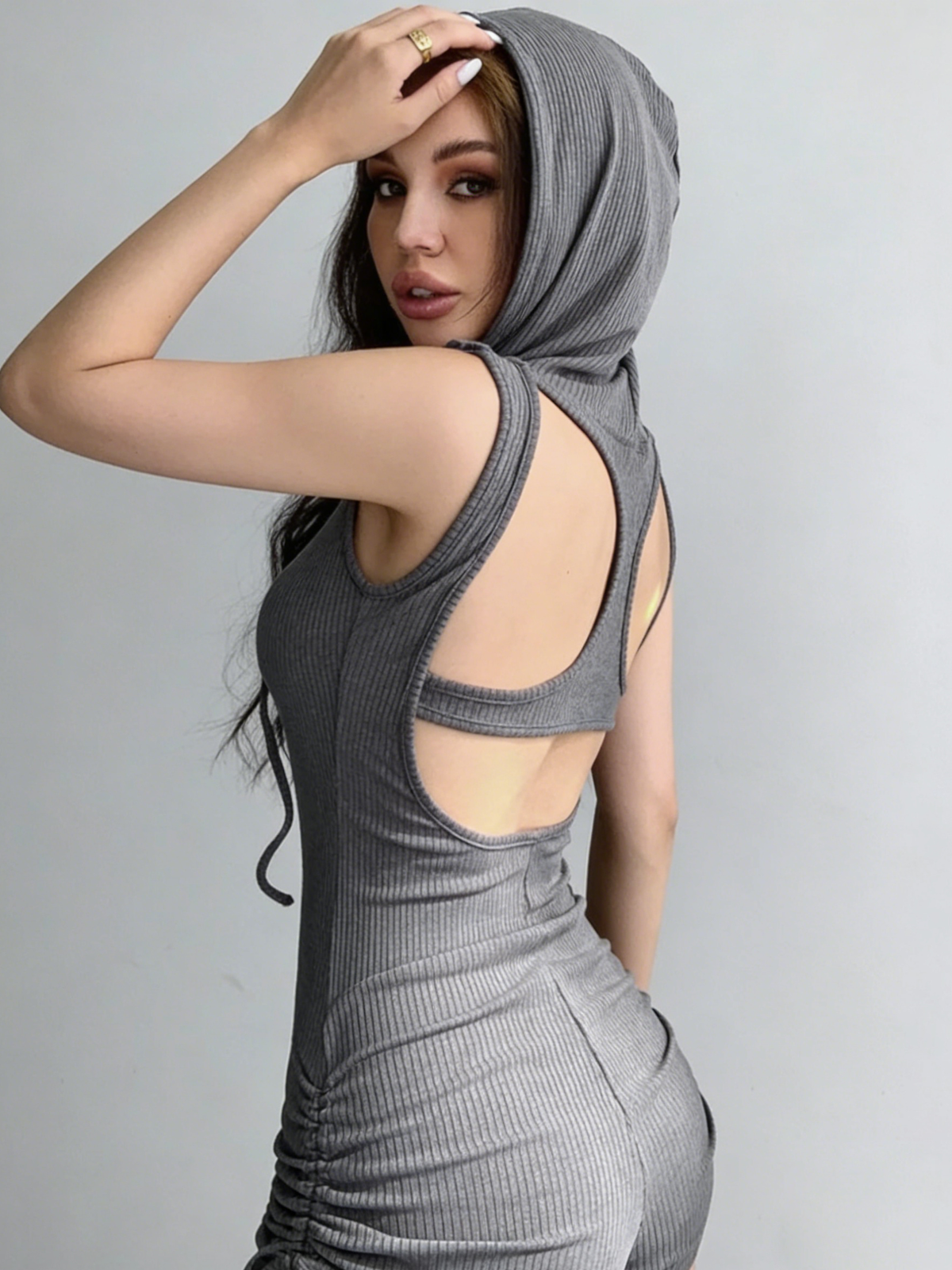 Hollow Out Drawstring Hooded Romper
