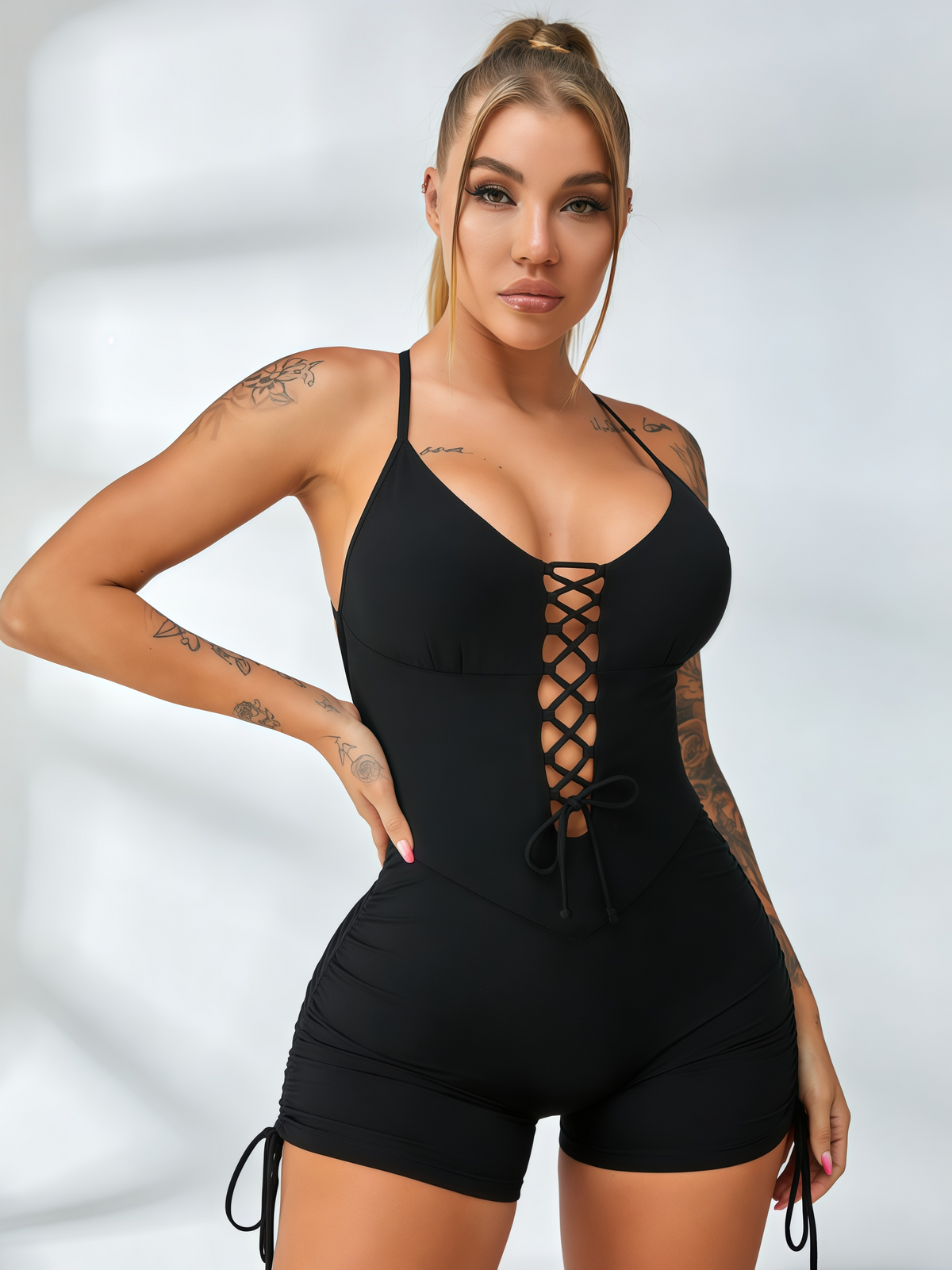 Cross Back Lace-Up Short Romper