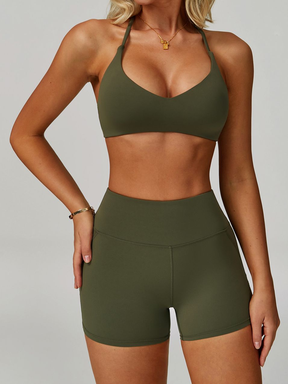 Cross Back V-neck with Chest Pads Quick Dry Push Up Design Short Tracksuit