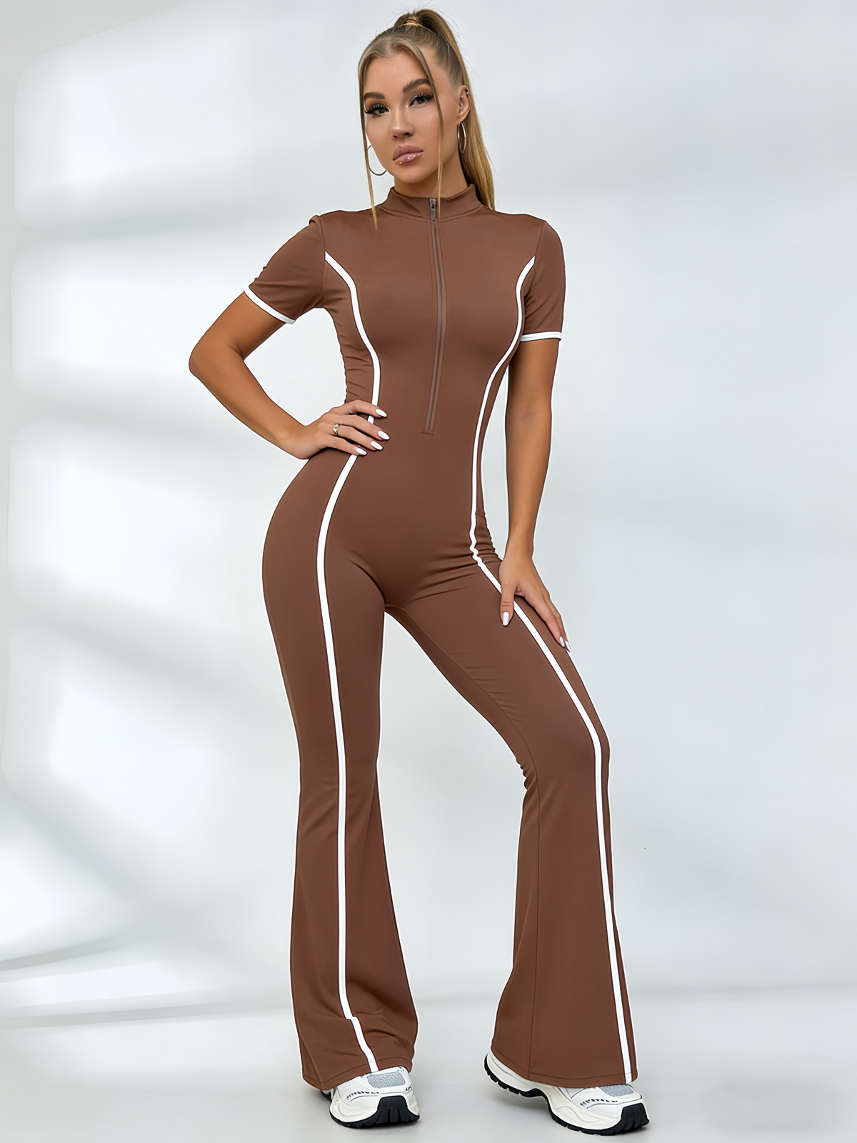 Contrast Color Stripes Zipper Jumpsuit