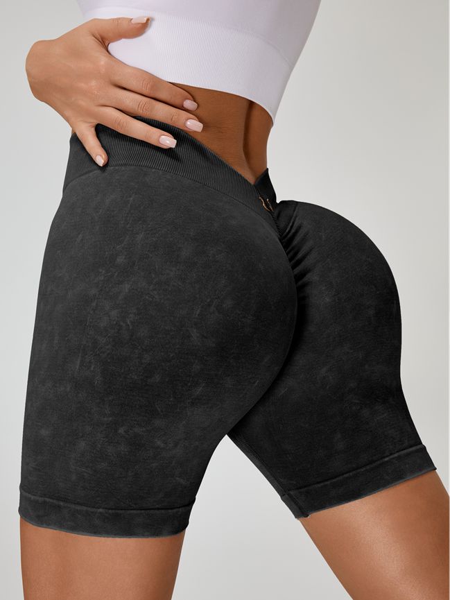 Deep V Back Faux Denim Scrunch Bum Spandex Gym Booty Shorts
