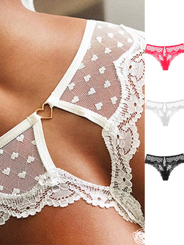 Lace Heart Shape Hollow Out T-back Panties