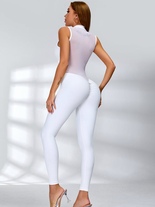 Sexy Sheer Mesh Back Deep V Back Scrunch Bum Zipper Jumpsuit
