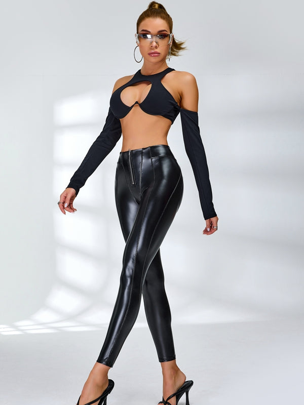 Fly-Eye Faux Leather Push-Up Zipper Hip-lift Leggings