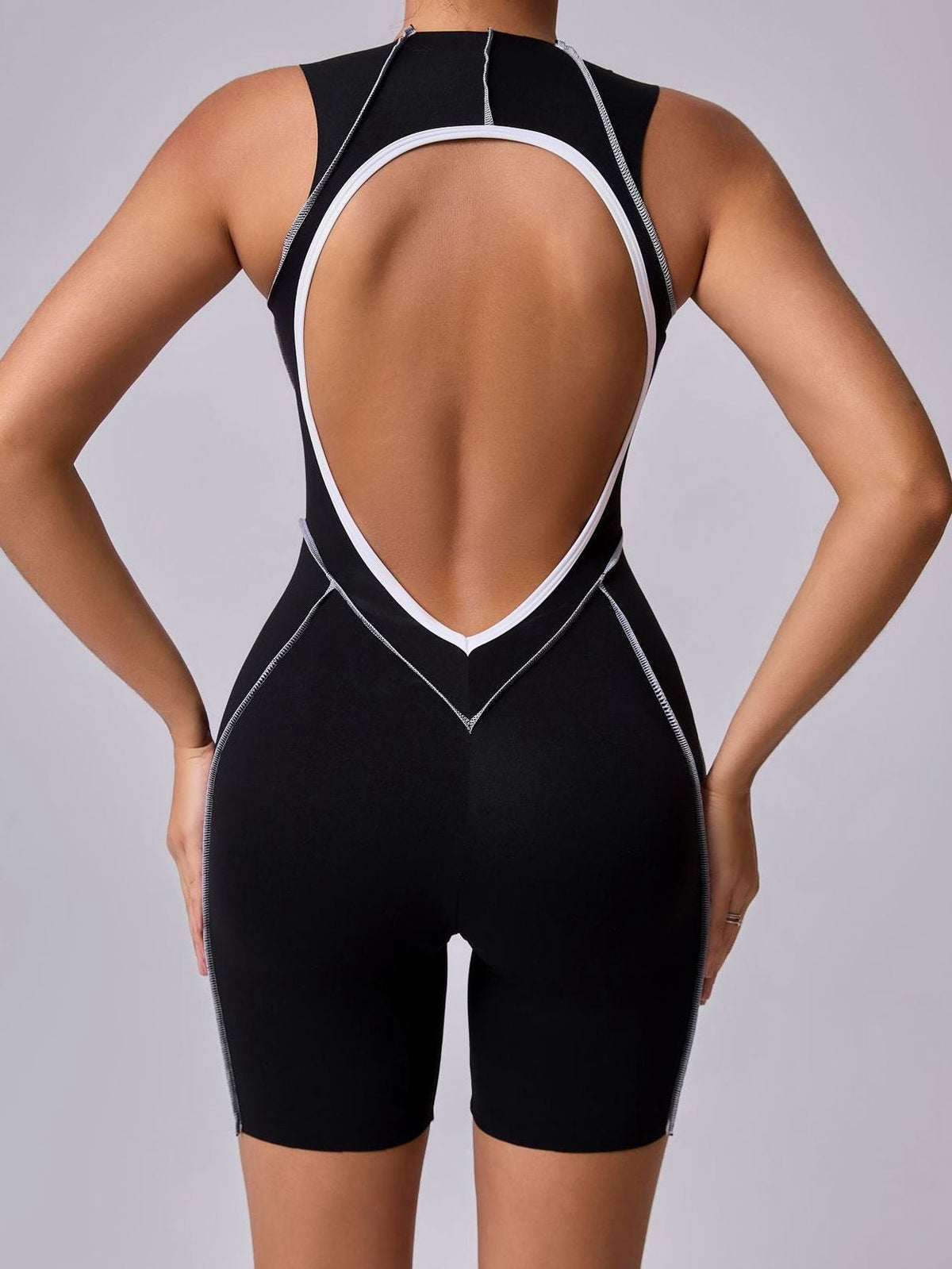 Hollow Out Backless Contrast Color Stripes Romper