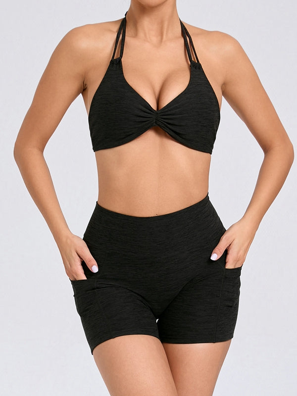 Deep V Back Pocket Scrunch Bum Halter Backless Short Tracksuit
