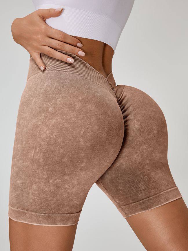 Deep V Back Faux Denim Scrunch Bum Spandex Gym Booty Shorts