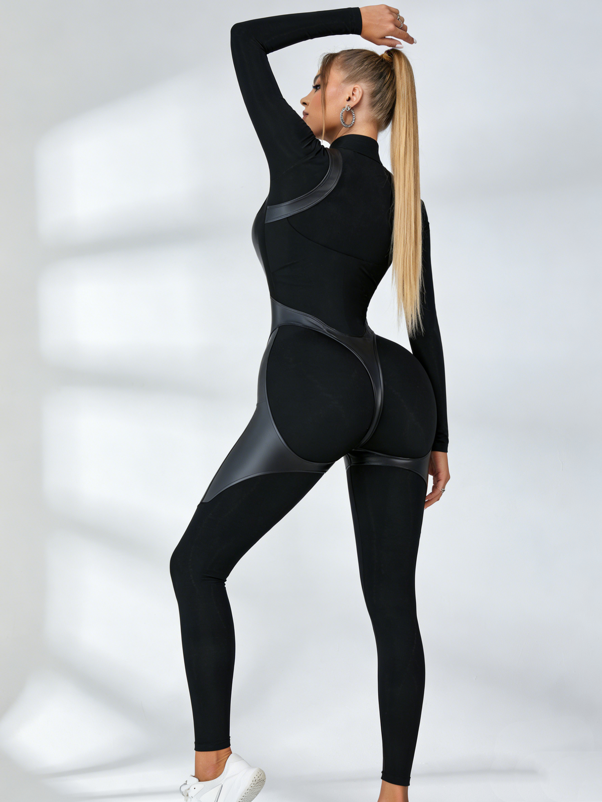 Faux Leather Zipper Stand Collar Push Up Jumpsuit