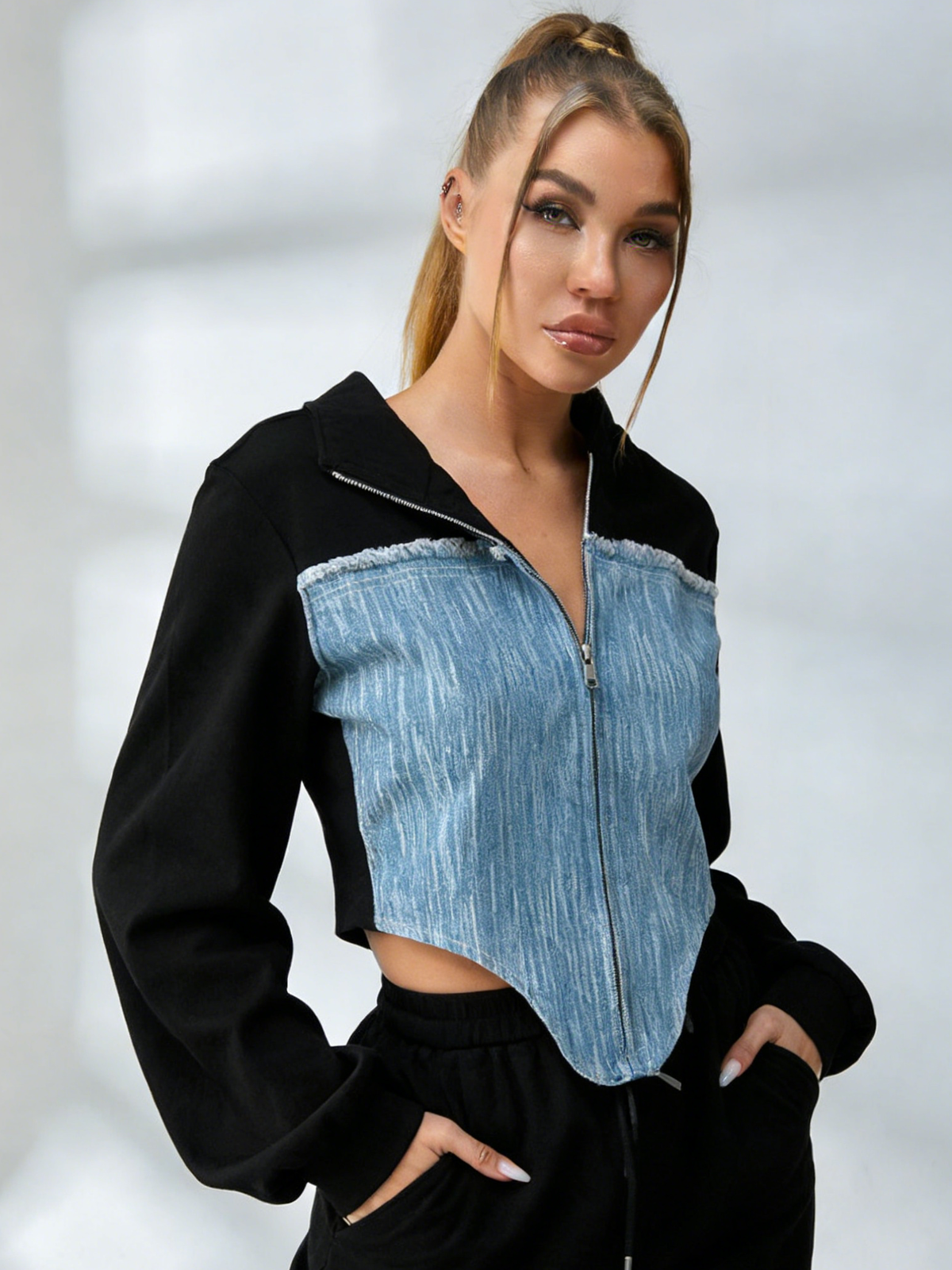 Contrast Color Denim Zipper Hoodie