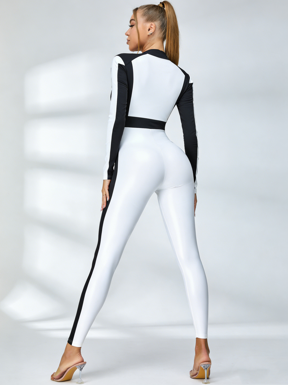 "SciFi Heroine" Contrast Color PU Half Zipper Jumpsuit