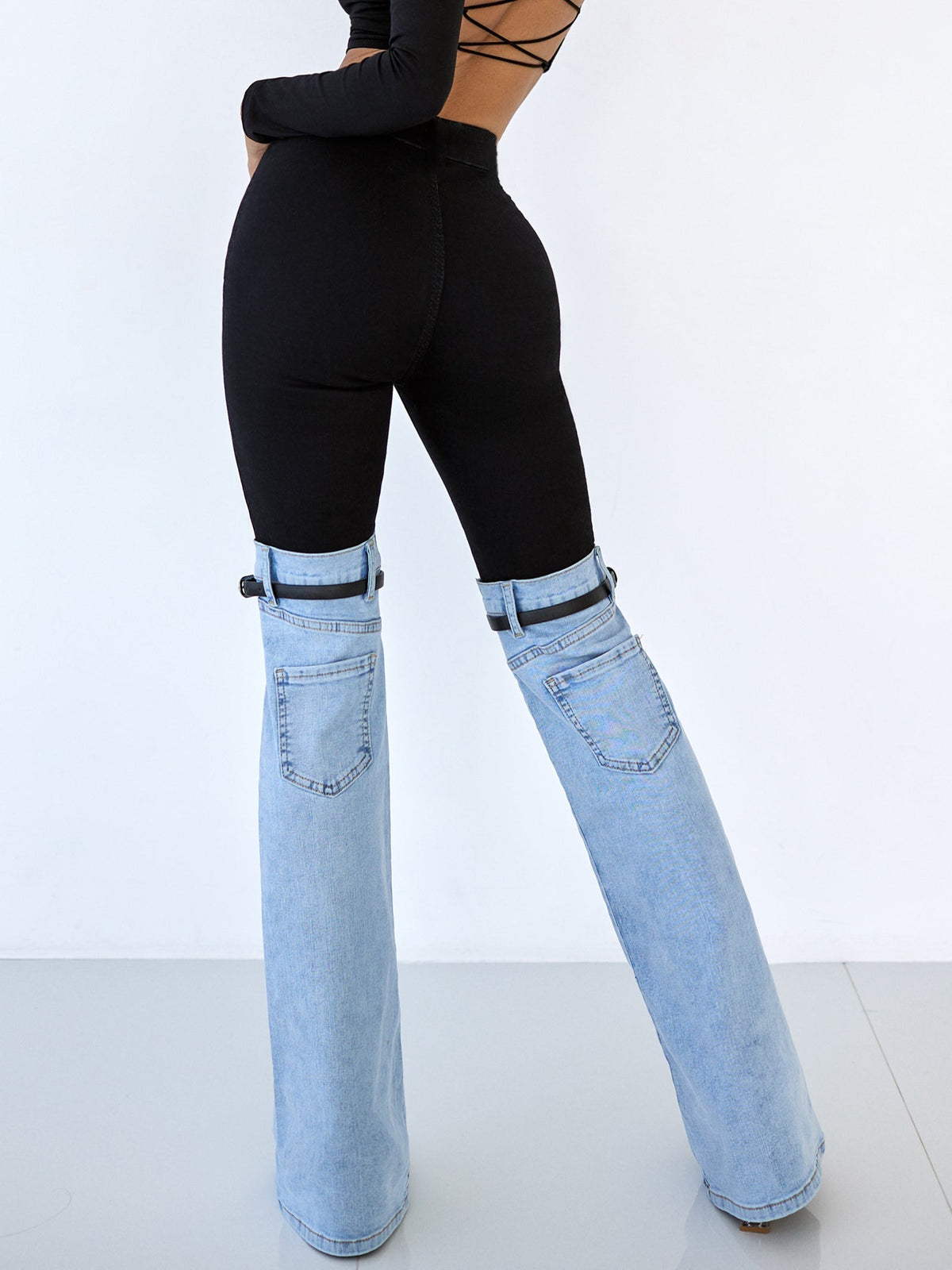 Contrast Color Denim Flare Fashion Pants