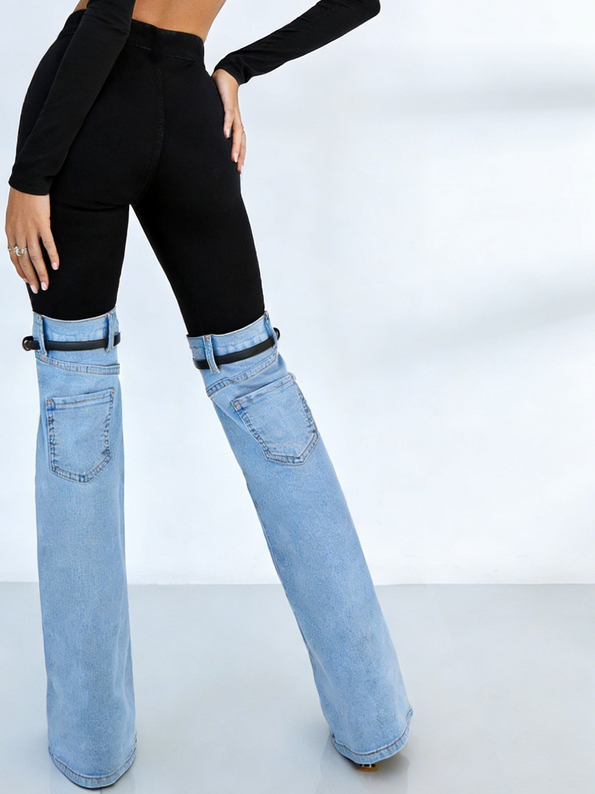 Contrast Color Denim Flare Fashion Pants