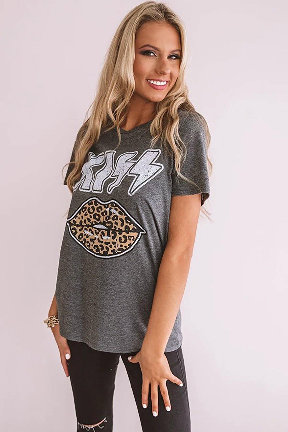 Zoe Kiss Leopard Lip Black T-shirt