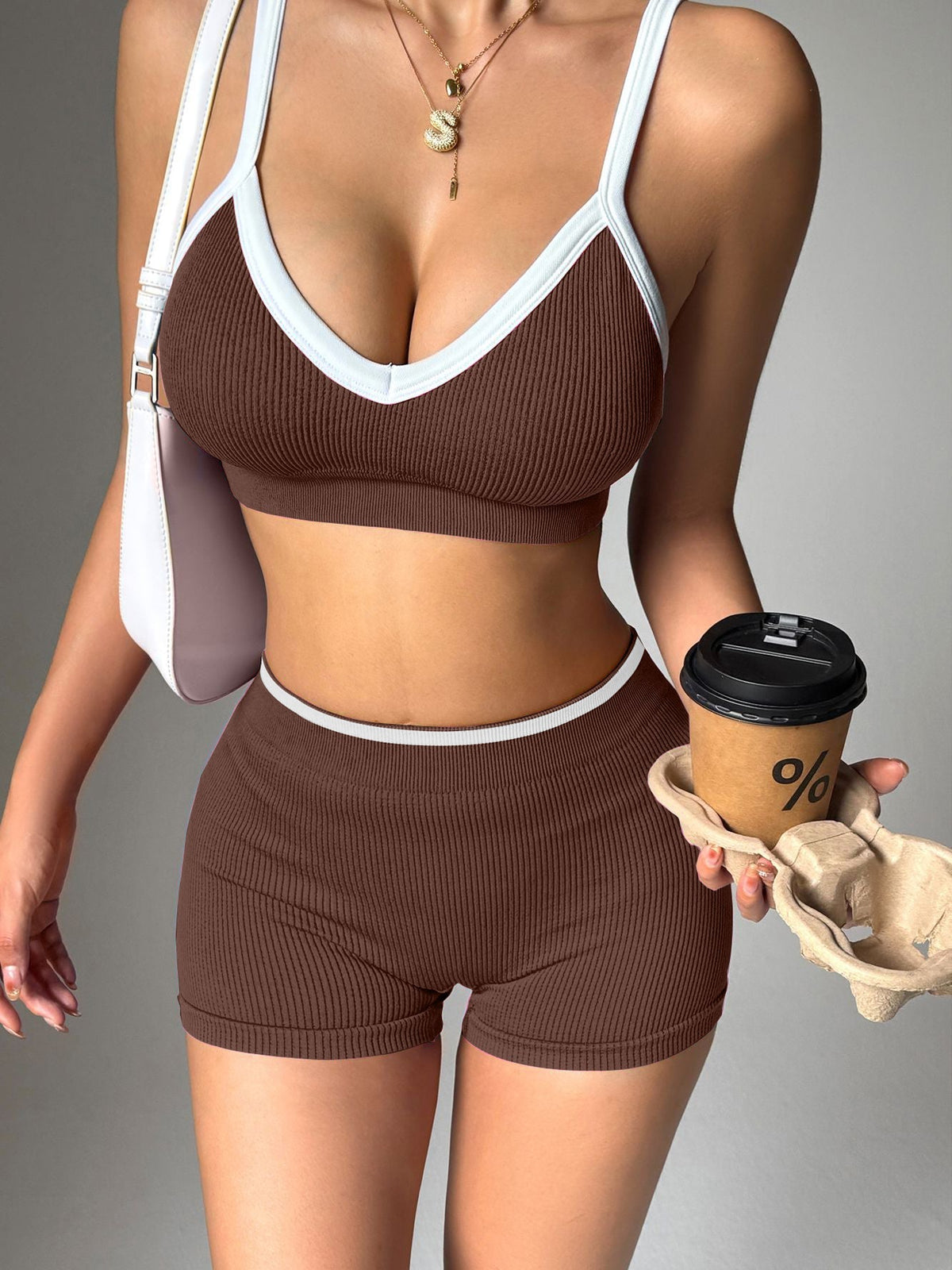 Contrast Color Stripe with Chest Pads Gather Shockproof Short Tracksuit