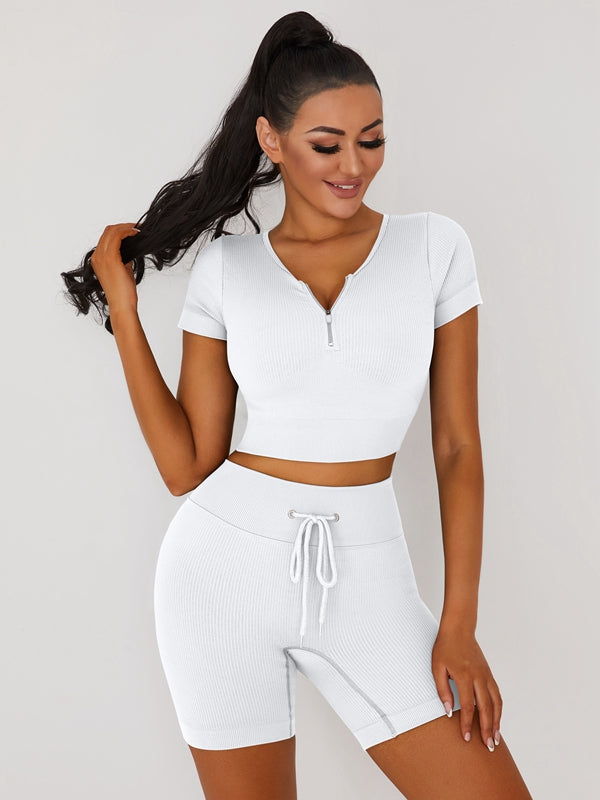 Knitted Chest Zipper Drawstring Ribbed Short Tracksuit