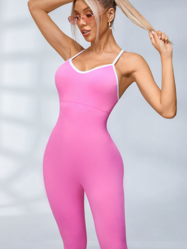 Contrast Color Cross Back Ribbed Jumpsuit